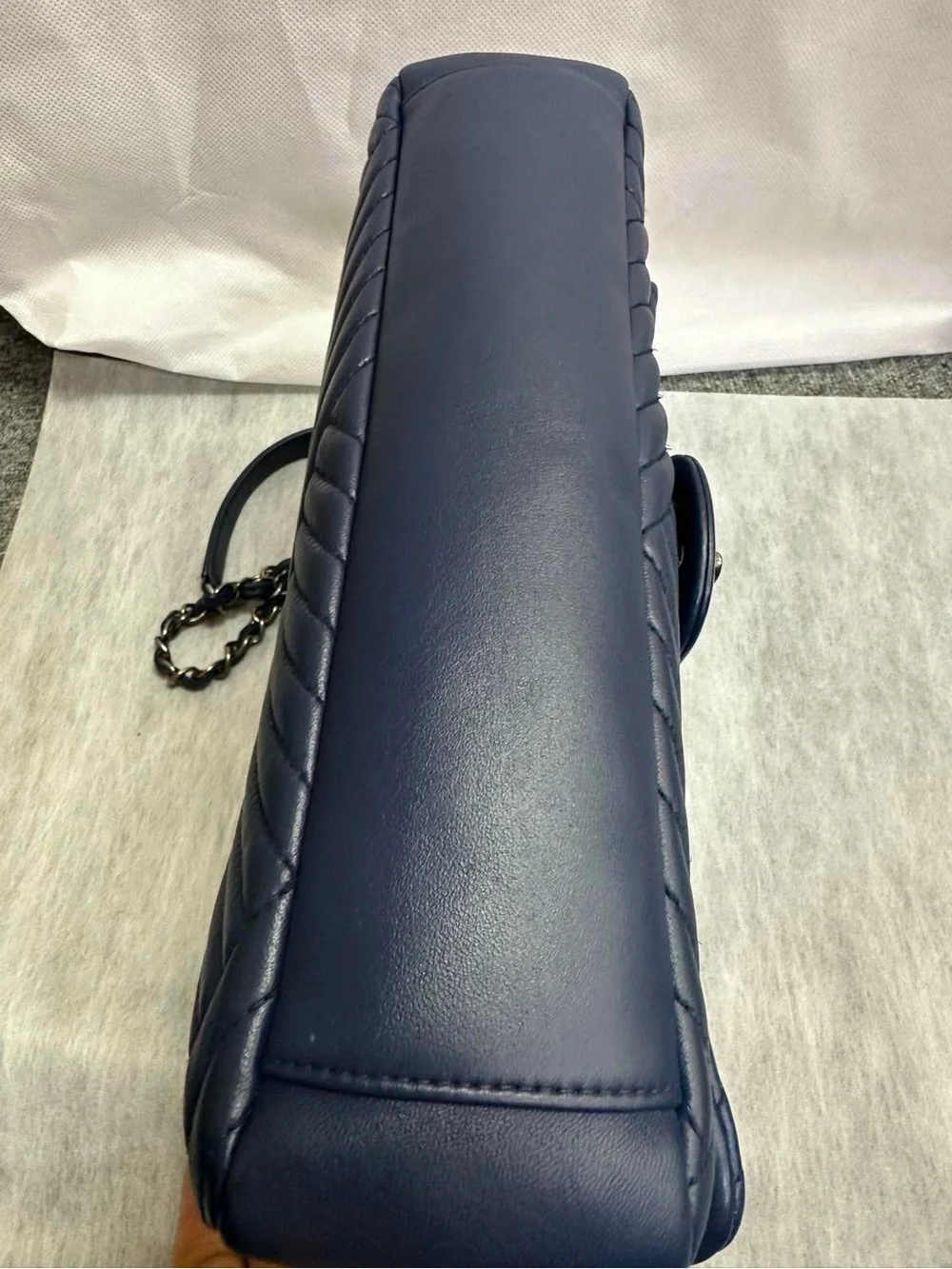 CHANEL Jumbo Navy Chevron Quilted Shoulder Bag with Chain Strap